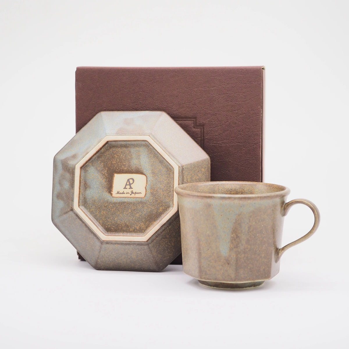 Ancient pottery octagonal cup&soucer gray