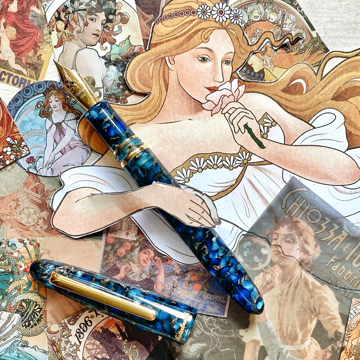 Estie Regular Nouveau Blue Gold Trim Fountain Pen