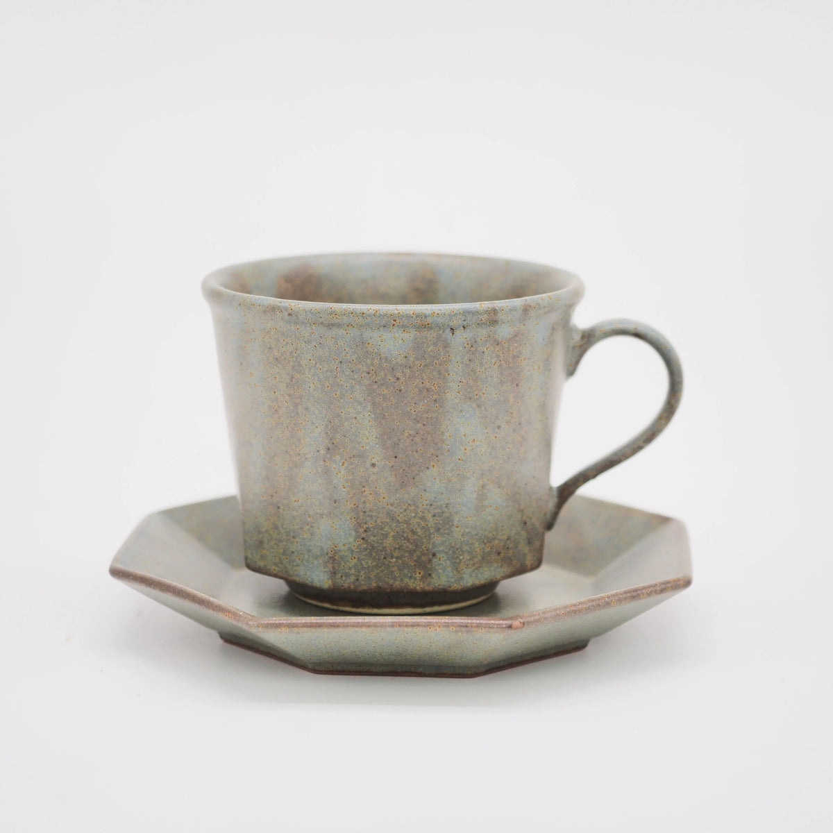 Ancient pottery octagonal cup&soucer gray