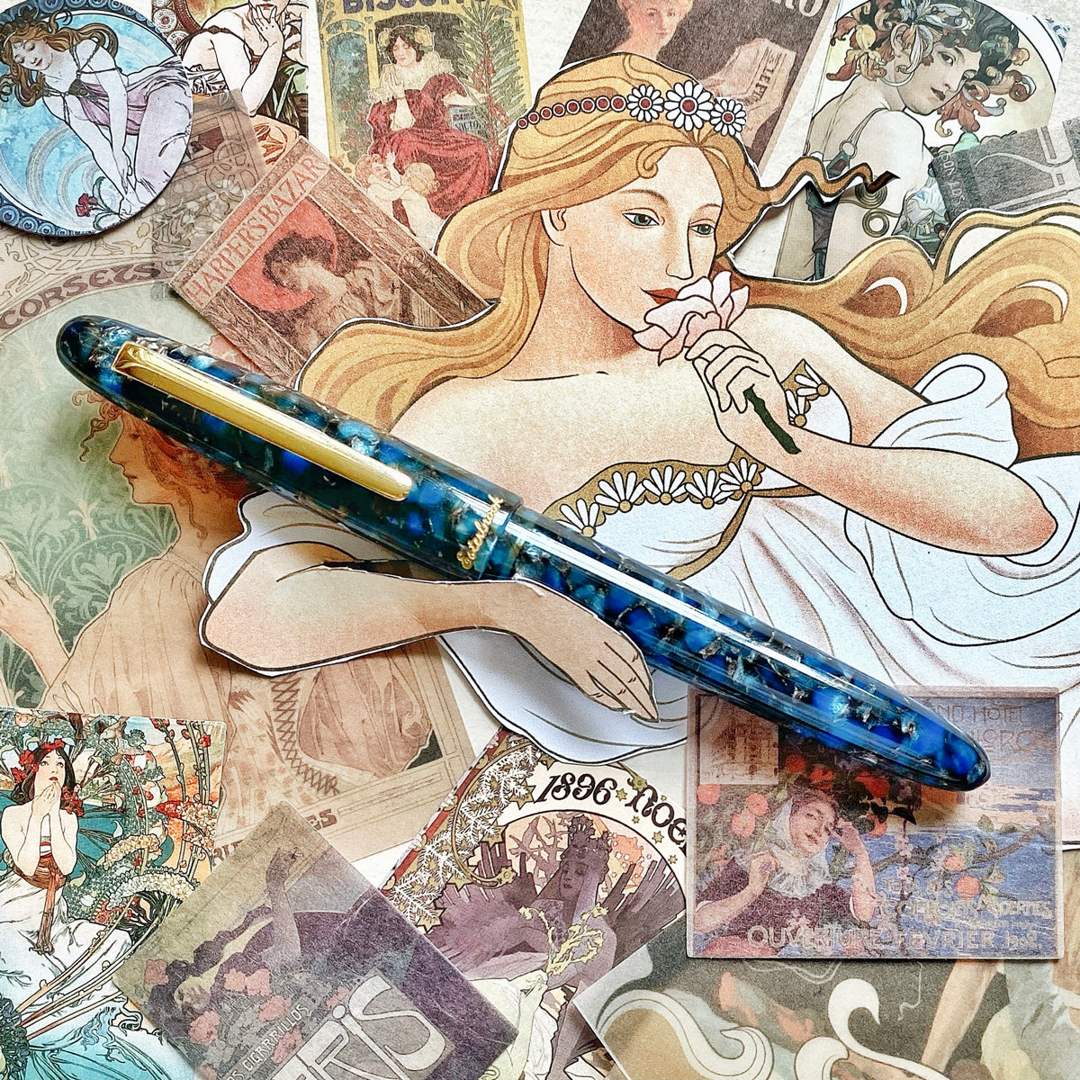 Estie Regular Nouveau Blue Gold Trim Fountain Pen