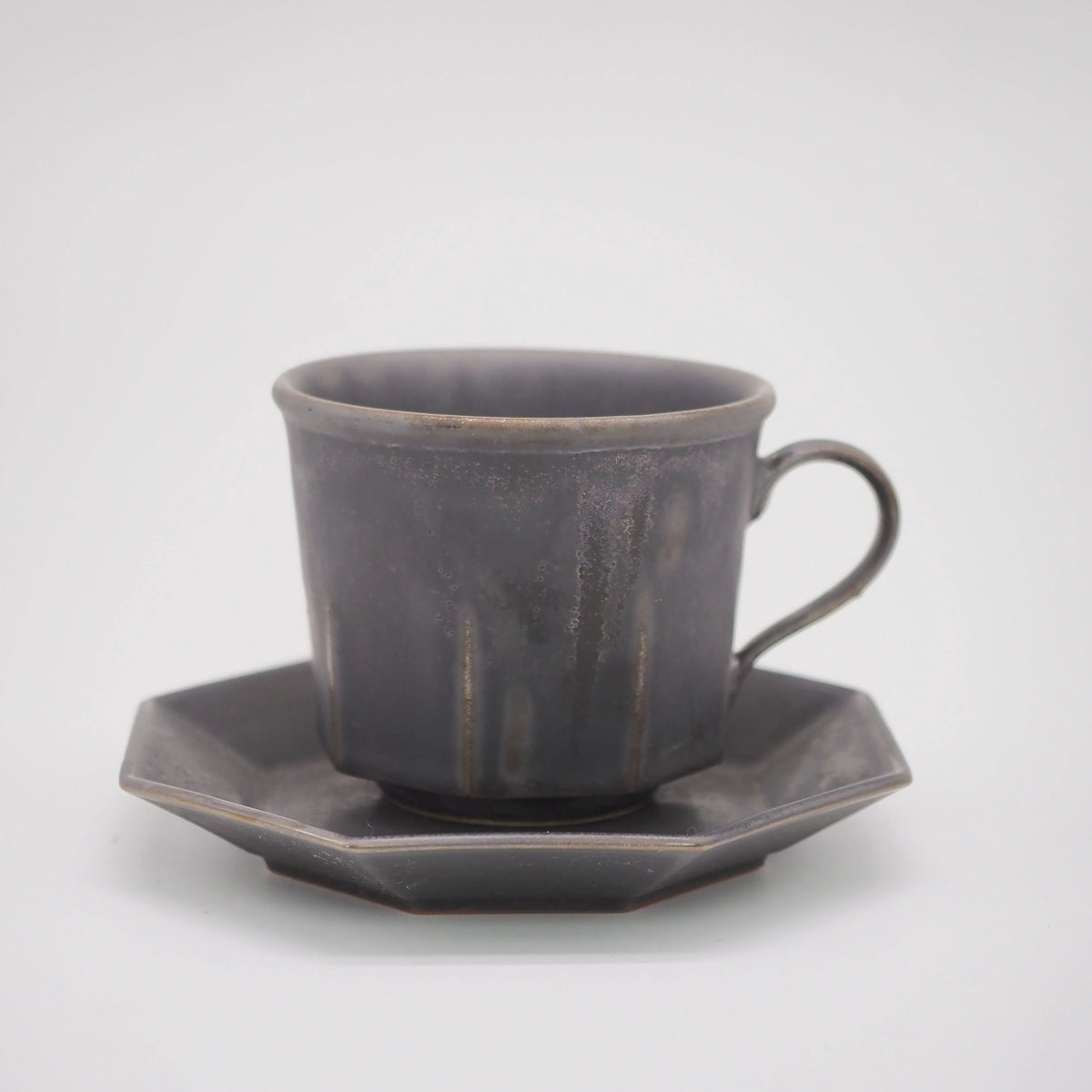 Ancient pottery octagonal cup&soucer brass